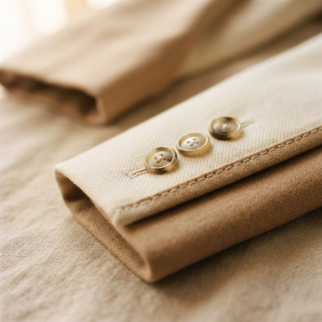 Macro detail of tailored garment stitching and buttons