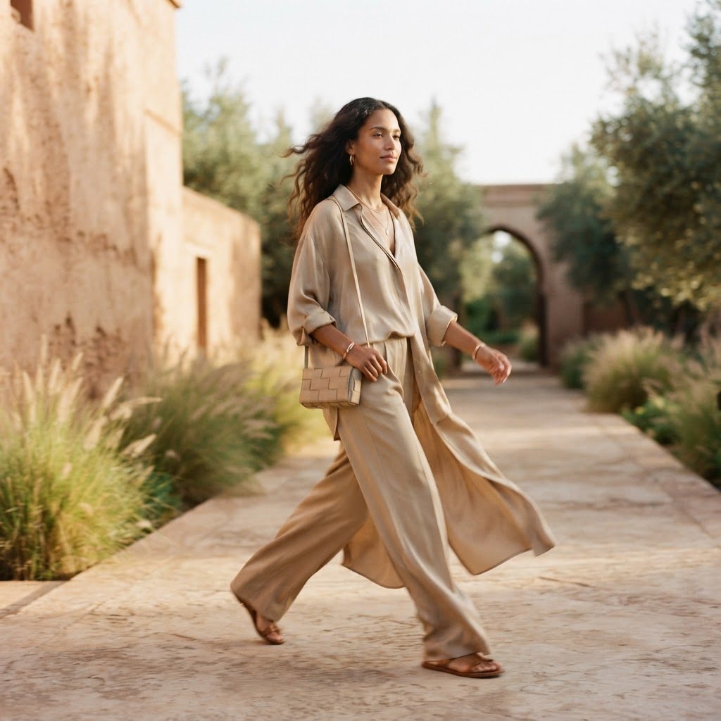 Model in a flowing beige outfit captured in soft motion