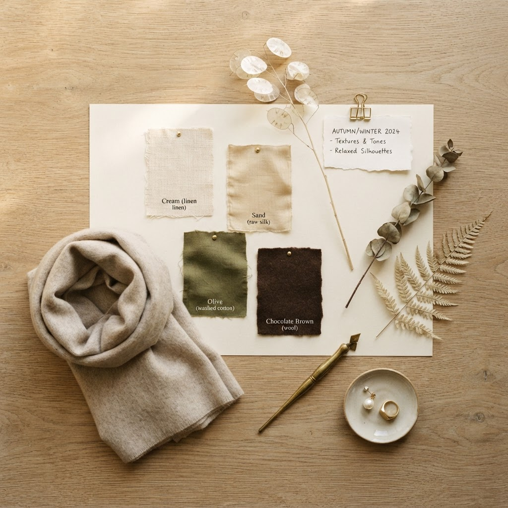 Overhead flat lay of a neutral fashion mood board