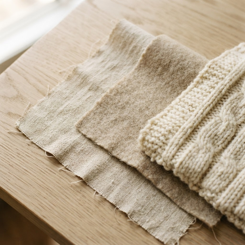 Layered neutral fabric swatches in linen, wool, and knit